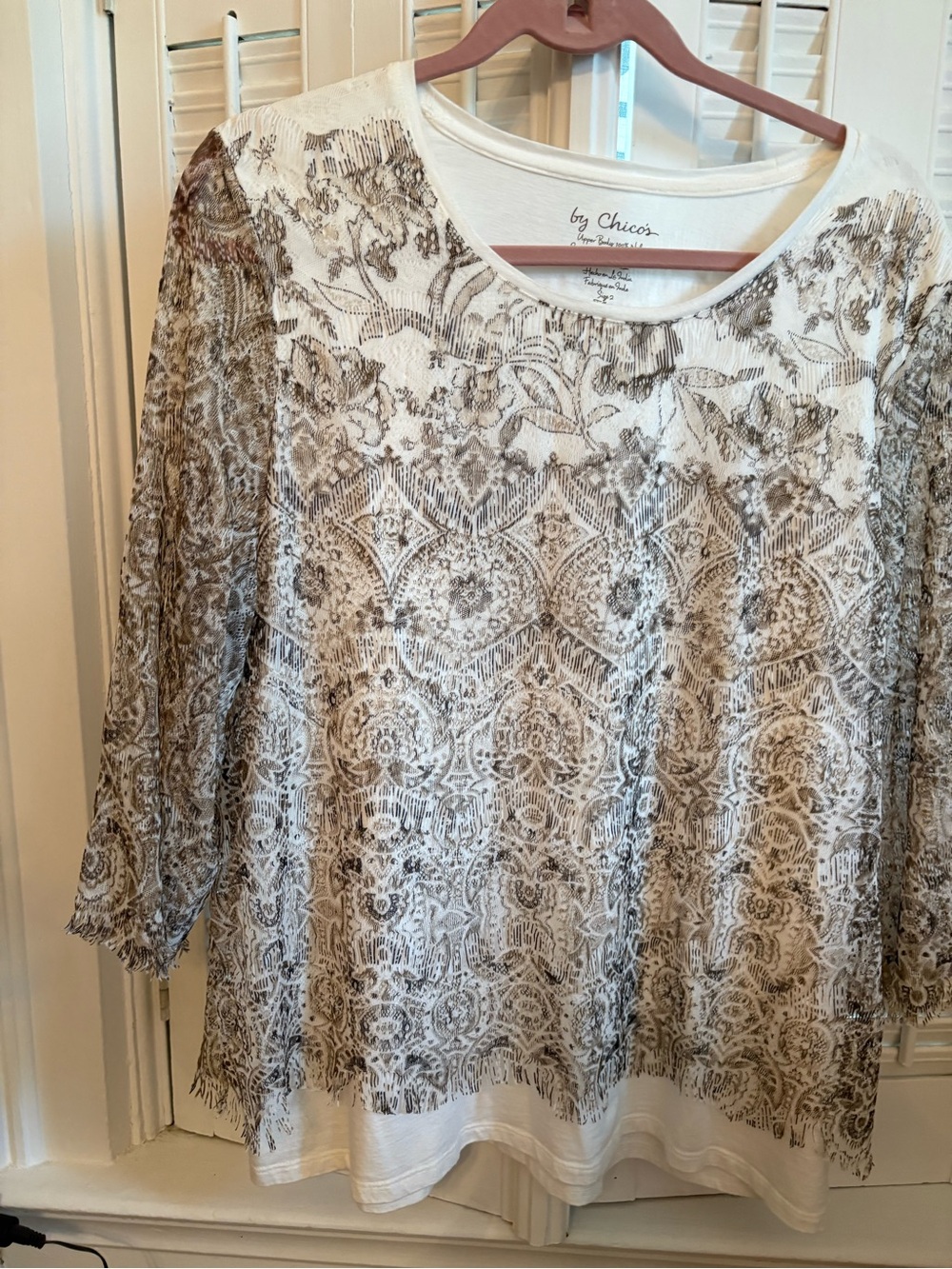 Chico's White and Brown Scoop Neck Printed 3/4 sleeve Top